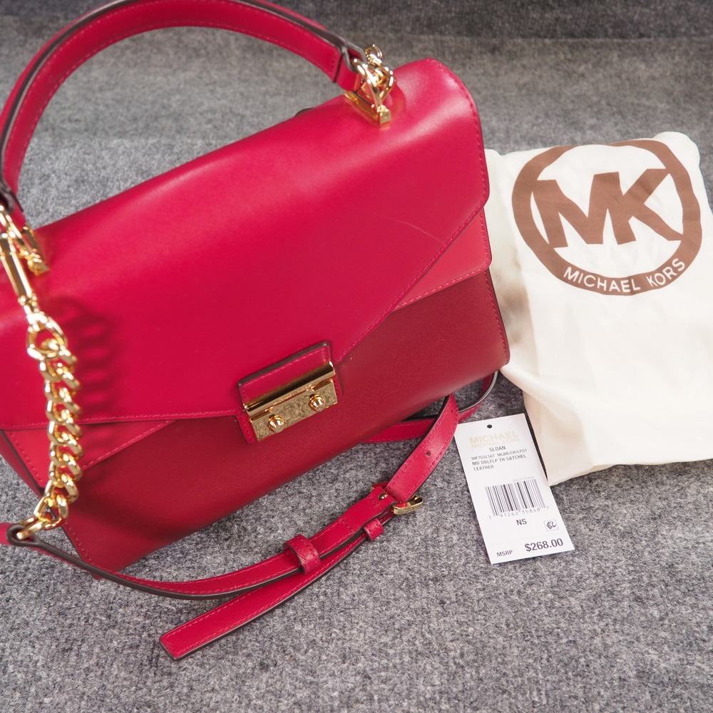 Michael Kors Sloan Satchel Red Leather Gold Tone Top Handle Crossbody Bag